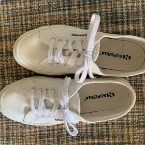 Superga Classic Sneakers, women’s size 8.  White canvas upper.  Rubber sole.